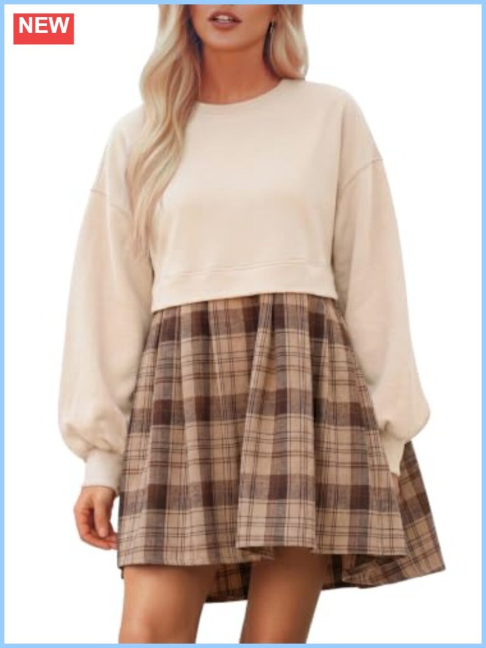 Women's Plaid Patchwork Babydoll Long Sleeve Mini Dress with Empire Waist